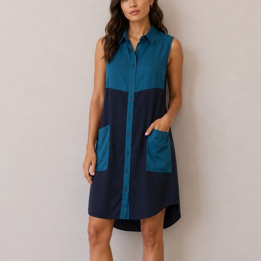 10 Crosby Derek Lam Silk Colorblock Shirt Dress Teal Navy Rare Design | Size M